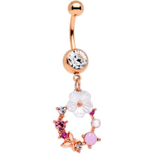 Load image into Gallery viewer, Clear Pink Gem Rose Gold Tone Wreath Flower Dangle Belly Ring
