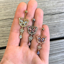 Load image into Gallery viewer, Clear Gem Gold Tone Lacy Butterfly Flower Dangle Belly Ring
