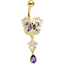Load image into Gallery viewer, Clear Purple Gem Gold Tone Lacy Butterfly Flower Drop Dangle Belly Ring
