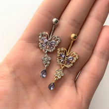 Load image into Gallery viewer, Clear Purple Gem Lacy Butterfly Flower Drop Dangle Belly Ring
