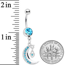 Load image into Gallery viewer, Aqua CZ Gem Heart Padlock Crescent Moon Dangle Belly Ring
