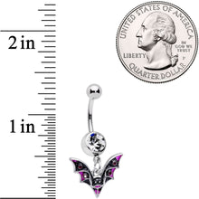 Load image into Gallery viewer, Clear Purple Gem Black Purple Bat Halloween Dangle Belly Ring
