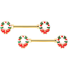 Load image into Gallery viewer, 14G 9/16 Gold Tone Christmas Wreath Barbell Nipple Ring Set
