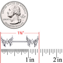 Load image into Gallery viewer, 14G 9/16 Clear CZ Gem Drama Butterfly Barbell Nipple Ring Set
