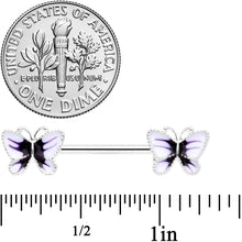 Load image into Gallery viewer, 14G 9/16 White Purple Butterfly Barbell Nipple Set
