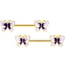 Load image into Gallery viewer, 14G 9/16 Gold Tone White Purple Butterfly Barbell Nipple Set
