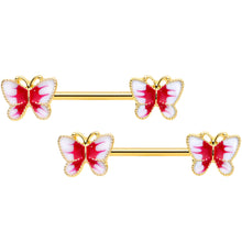 Load image into Gallery viewer, 14G 9/16 Gold Tone White Red Butterfly Barbell Nipple Set
