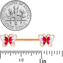 Load image into Gallery viewer, 14G 9/16 Rose Gold Tone White Red Butterfly Barbell Nipple Set
