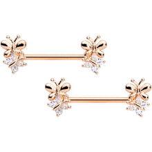 Load image into Gallery viewer, 14G 5/8 Clear CZ Gem Rose Gold Tone Butterfly Barbell Nipple Set
