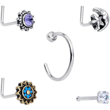 Load image into Gallery viewer, 20G Clear CZ Gem Sun Moon Assorted L Shaped Nose Ring Set of 6
