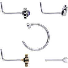 Load image into Gallery viewer, 20G Clear CZ Gem Sun Moon Assorted L Shaped Nose Ring Set of 6
