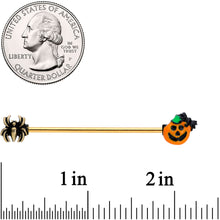 Load image into Gallery viewer, 14G Gold Tone Spider Pumpkin Halloween Industrial Barbell 38mm
