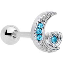 Load image into Gallery viewer, 16G 1/4 Blue CZ Gem Moon and Heart Cartilage Tragus Earring
