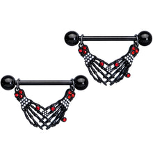 Load image into Gallery viewer, 14G 9/16 Red Gem Skeleton Hands Halloween Dangle Nipple Ring Set

