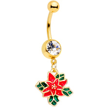 Load image into Gallery viewer, Clear Gem Gold Tone Poinsettia Christmas Dangle Belly Ring
