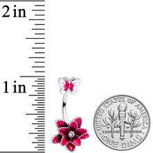 Load image into Gallery viewer, Clear Gem Pink Flower Butterfly Double Mount Belly Ring
