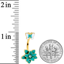 Load image into Gallery viewer, Clear Gem Gold Tone Blue Flower Butterfly Double Mount Belly Ring
