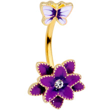 Load image into Gallery viewer, Clear Gem Gold Tone Purple Flower Butterfly Double Mount Belly Ring
