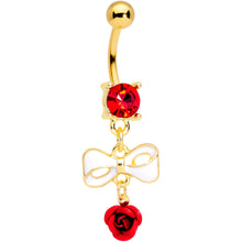 Load image into Gallery viewer, Red Gem Gold Tone Bow Rose Flower Dangle Belly Ring

