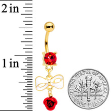 Load image into Gallery viewer, Red Gem Gold Tone Bow Rose Flower Dangle Belly Ring
