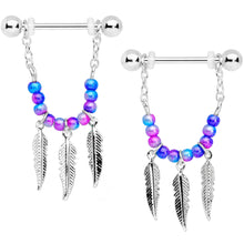 Load image into Gallery viewer, 14G 1/2 Blue Purple Bead Feather Dangle Nipple Ring Set
