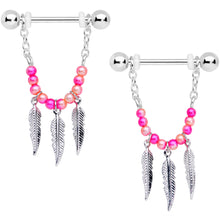 Load image into Gallery viewer, 14G 1/2 Pink Peach Bead Feather Dangle Nipple Ring Set

