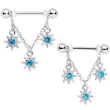 Load image into Gallery viewer, 14G 1/2 Aqua Gem Trio Stars Chain Dangle Nipple Ring Set
