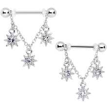 Load image into Gallery viewer, 14G 1/2 Clear Gem Trio Stars Chain Dangle Nipple Ring Set
