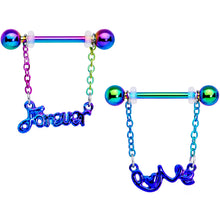 Load image into Gallery viewer, 14G 18mm Rainbow Love Forever Chain Dangle Nipple Ring Set
