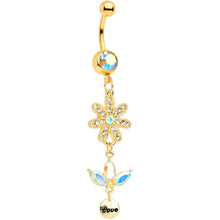 Load image into Gallery viewer, Aurora Gem Gold Tone Flower Leaves Love Dangle Belly Ring
