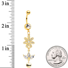Load image into Gallery viewer, Clear Gem Gold Tone Flower Leaves Love Dangle Belly Ring
