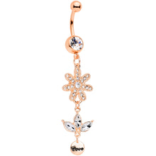 Load image into Gallery viewer, Clear Gem Rose Gold Tone Flower Leaves Love Dangle Belly Ring

