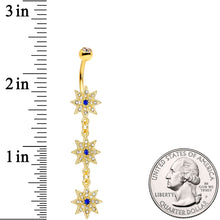 Load image into Gallery viewer, Clear Blue Gem Gold Tone Triple Star Dangle Belly Ring
