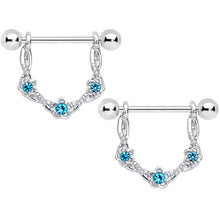 Load image into Gallery viewer, 14G 3/4 Aqua Gem Knotted Flower Dangle Nipple Ring Set
