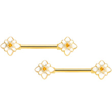 Load image into Gallery viewer, 14G 9/16 Yellow Gem Gold Tone Flower Barbell Nipple Ring Set
