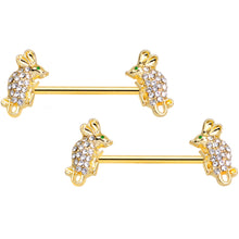 Load image into Gallery viewer, 14G 9/16 Clear Aqua Gem Gold Tone Mouse Barbell Nipple Ring Set
