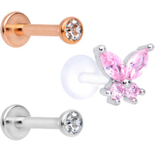 Load image into Gallery viewer, 16G 5/16 Pink Clear CZ Gem Internal Thread Labret Tragus Set of 3
