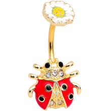 Load image into Gallery viewer, Clear Black Gem Gold Tone Ladybug Flower Double Mount Belly Ring
