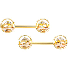 Load image into Gallery viewer, 14G 9/16 Clear Gem Gold Tone Leaping Dolphin Barbell Nipple Set
