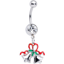 Load image into Gallery viewer, Clear Gem Gold Tone Green Bow Christmas Dangle Belly Ring Set of 3
