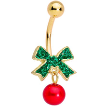 Load image into Gallery viewer, Clear Gem Gold Tone Green Bow Christmas Dangle Belly Ring Set of 3
