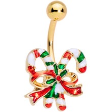 Load image into Gallery viewer, Red Gem Gold Tone Holly Berry Candy Cane Christmas Dangle Belly Ring Set of 3
