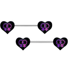 Load image into Gallery viewer, 14G 9/16 Lesbian Love Heart Barbell Nipple Ring Set
