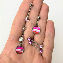 Load image into Gallery viewer, 14G 9/16 Front Facing Lesbian Pride Flag Barbell Nipple Ring Set
