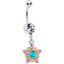 Load image into Gallery viewer, Clear Pink Yellow Aqua Gem Star Dangle Belly Ring

