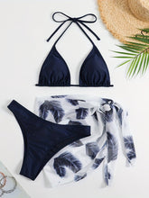 Load image into Gallery viewer, Feather Luxe 3-Piece Bikini Set – Exotic Feather Print Halter Neck Backless Swimsuit with High Cut Tie Back Bottoms and Wrap Cover-Up – Women’s High-Stretch Comfortable Swimwear for Summer Beach &amp; Pool Vacations

