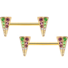 Load image into Gallery viewer, 14G 9/16 Pink Green Gem Gold Hue Triangle Barbell Nipple Ring Set
