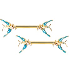 Load image into Gallery viewer, 14G 9/16 Clear CZ Gem Gold Tone Swallow Bird Nipple Ring Set
