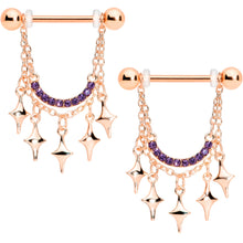 Load image into Gallery viewer, 14G 9/16 Purple Gem Rose Gold Tone Drama Dangle Nipple Ring Set
