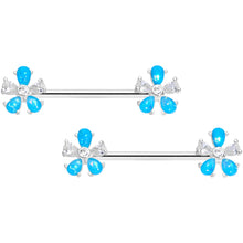 Load image into Gallery viewer, 14G 9/16 Aqua Faux Opal Flower Barbell Nipple Ring Set
